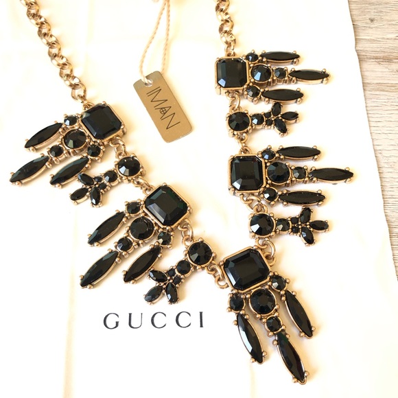 IMAN Jewelry - Vintage IMAN Gold Tone W/ Black Crystals Statement Necklace And Earrings Set
